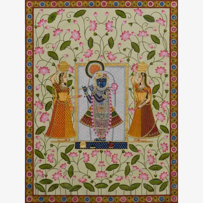 Celestial Harmony: Shrinathji with Flute Surrounded by Gopis and Pink Lotus