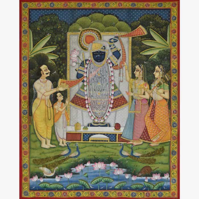 Captivating Traditional Shrinathji Darshan Painting with Priests and Sakhis