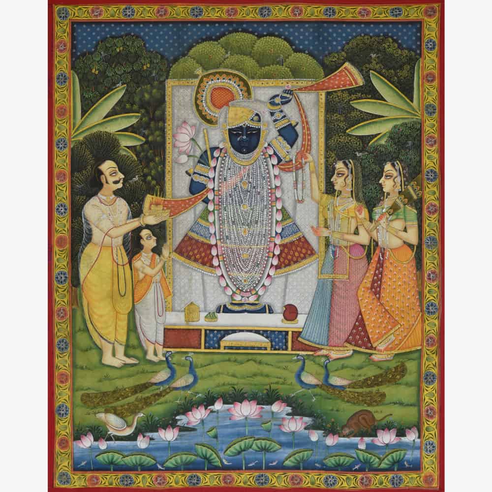 Captivating Traditional Shrinathji Darshan Painting with Priests and Sakhis