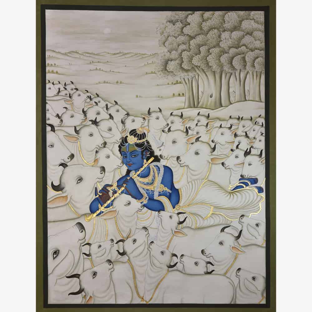 Krishnas Melody on Cows: Serene Painting Captures Divine Harmony