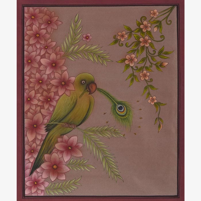 Parrot Majesty: A Captivating Painting with Pink Floral Harmony
