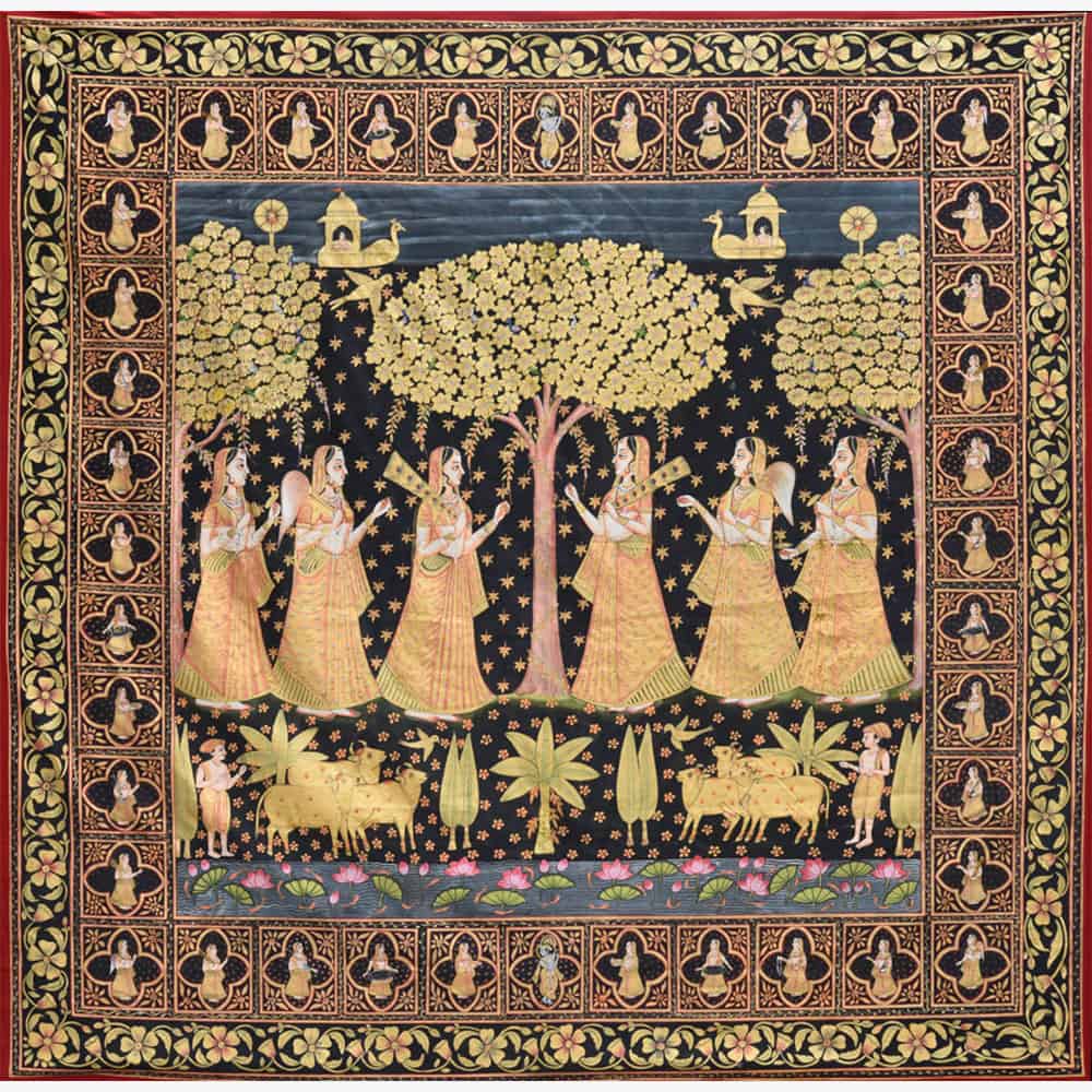 Mystical Black and Gold Krishna Sakhis Painting