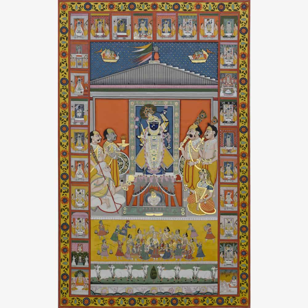 Explore the beauty of Intricate Bright Sharad 1 Painting, capturing vibrant colors and Shrinathji's presence in the joyous celebration of Sharad Ritu.