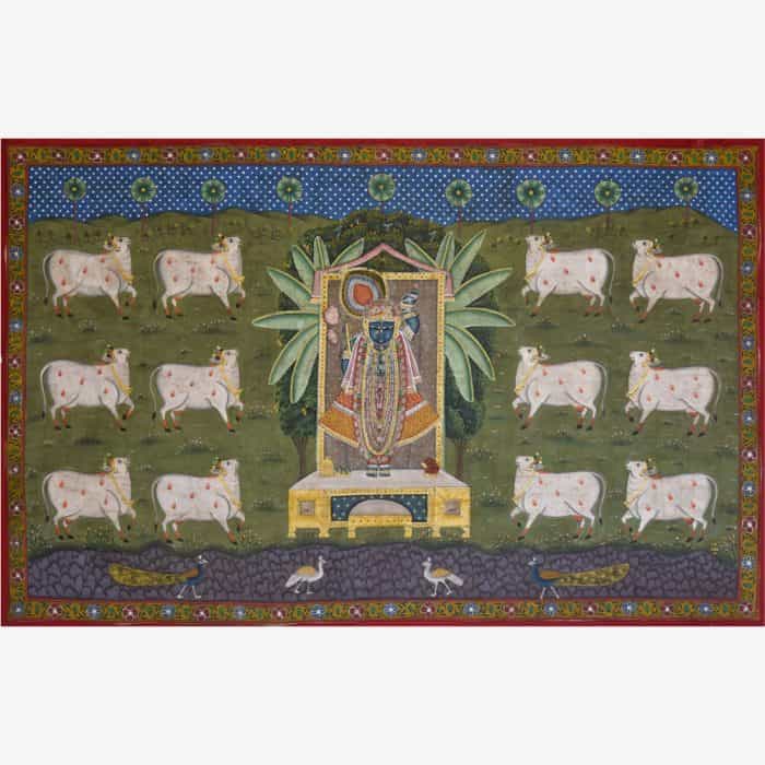 Sacred Artistry: Shrinathji with Cows in a Picturesque Landscape