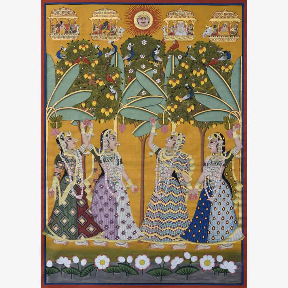 Divine Harmony: Kishangarh Pichwai with Gopis 1 and Celestial Presence