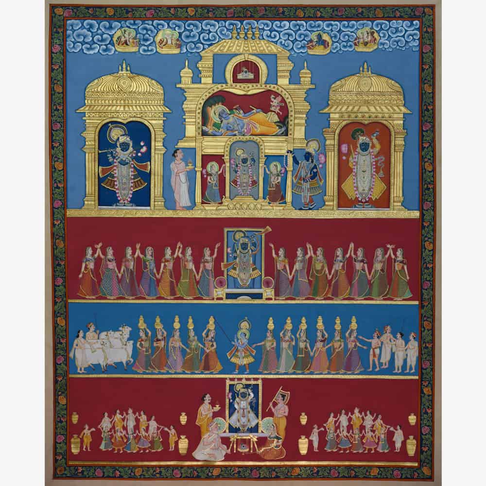 Bright Red and Gold Traditional Painting of Shrinathji in Golden Jarokha