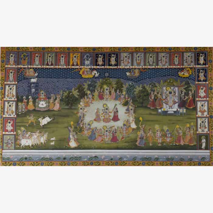 Divine Raas with Swaroop Border: Exquisite Lord Krishna and Radha Painting