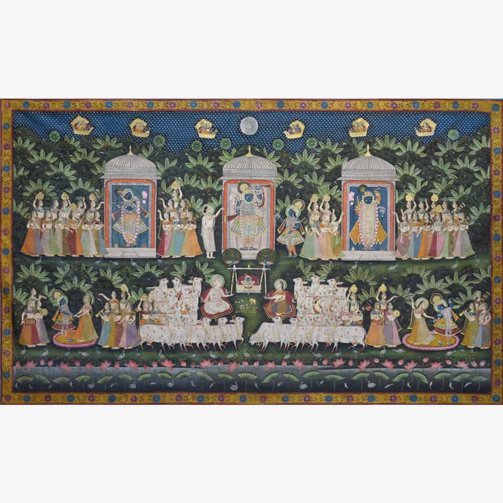 " Teen Darshan Painting: Divine Shrinathji with Devotees"