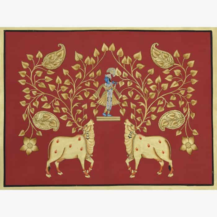 Serene Bliss: Cow Pair & Krishna Painting in Red and Gold