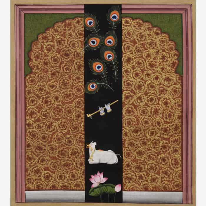 Enchanting Miniaturе Carnations Door Painting with Lord Krishna