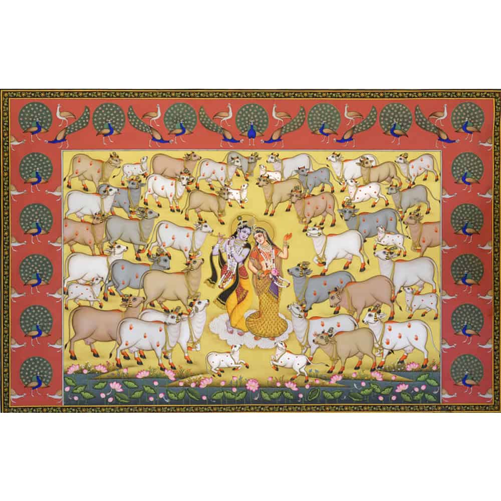 Captivating Intricate Radha Krishna Painting with Serene Cows