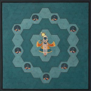 Contemporary Gopal: Blue Painting of Shrinathji in Hexagon Texture
