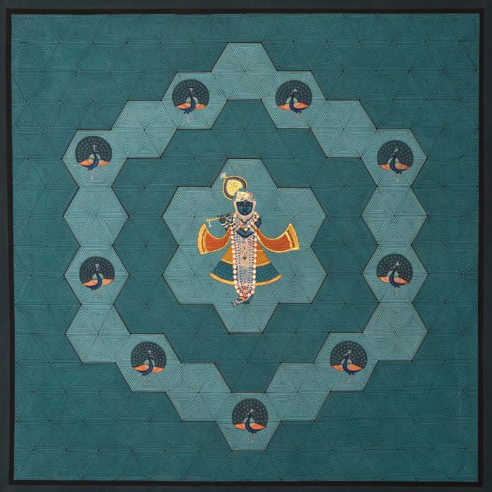 Contemporary Gopal: Blue Painting of Shrinathji in Hexagon Texture