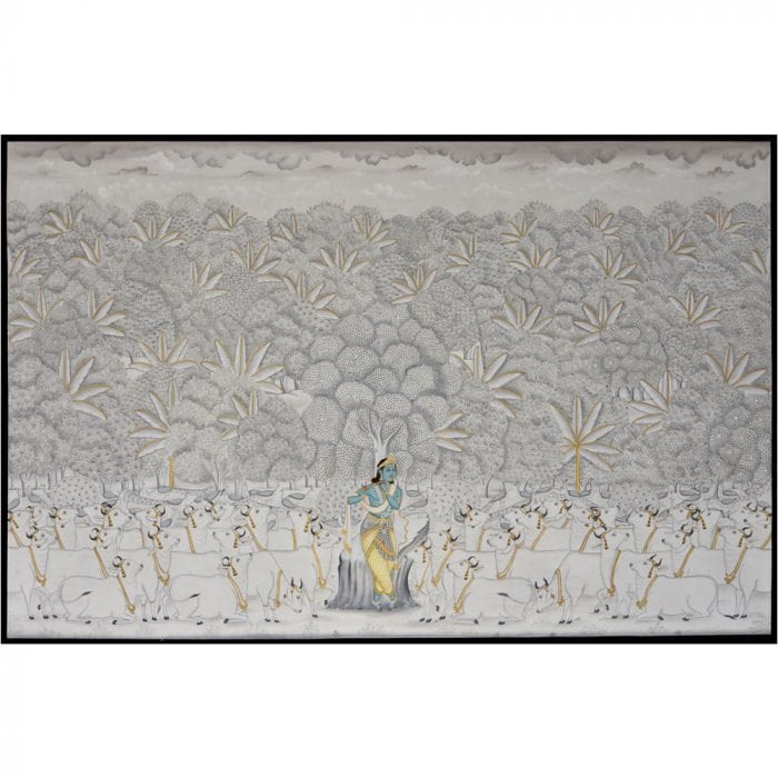 Krishna in Braj: Tranquil Painting of Krishna Playing Flute Among Cows