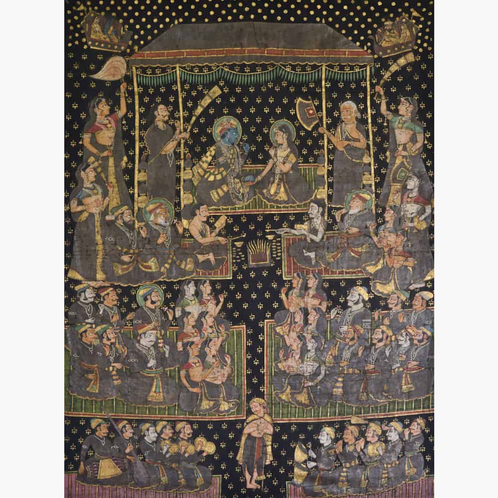 Vintage Darbar Black Painting: Timeless Krishna Court in Rich Monochrome