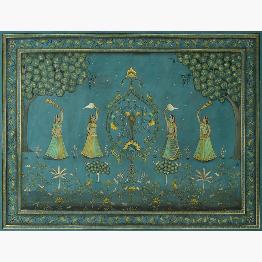 Gopis Devotion - 2: Peacock Green Artwork of Divine love