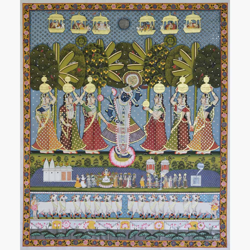 Captivating Blue Shrinathji with Sakhis Artwork - Divine Masterpiece!