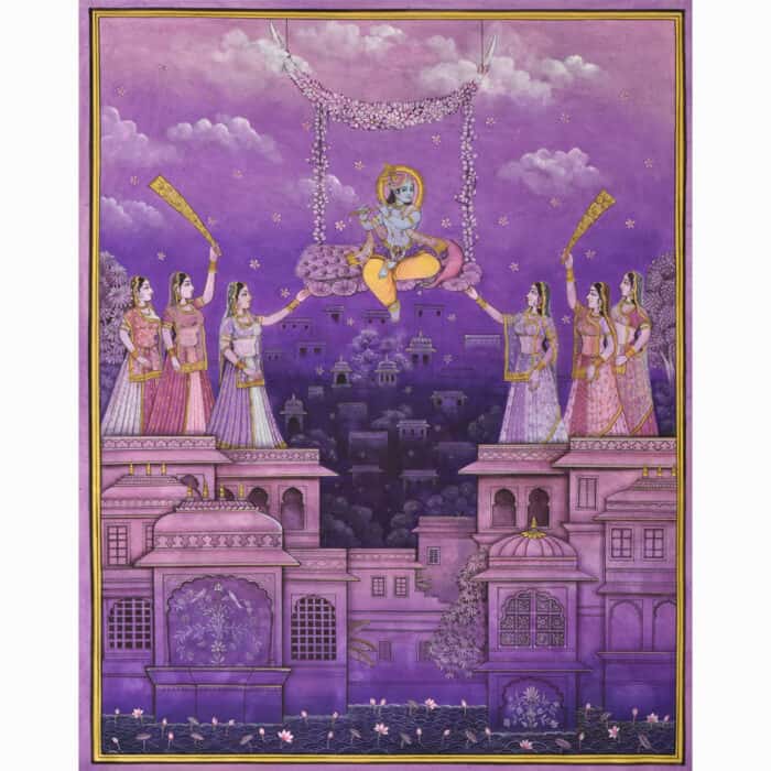 Divine Delight: Krishna on a Swing Painting