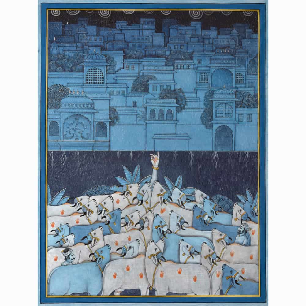 Krishna Lifts Govardhan Parvat – A Divine Scene
