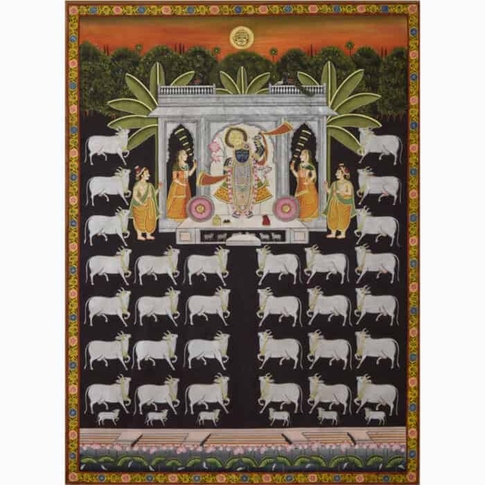 Awaken to Grace: Sunrise in Nathdawara Art Featuring Lord Shrinathji, Gopis, and Idyllic Cows