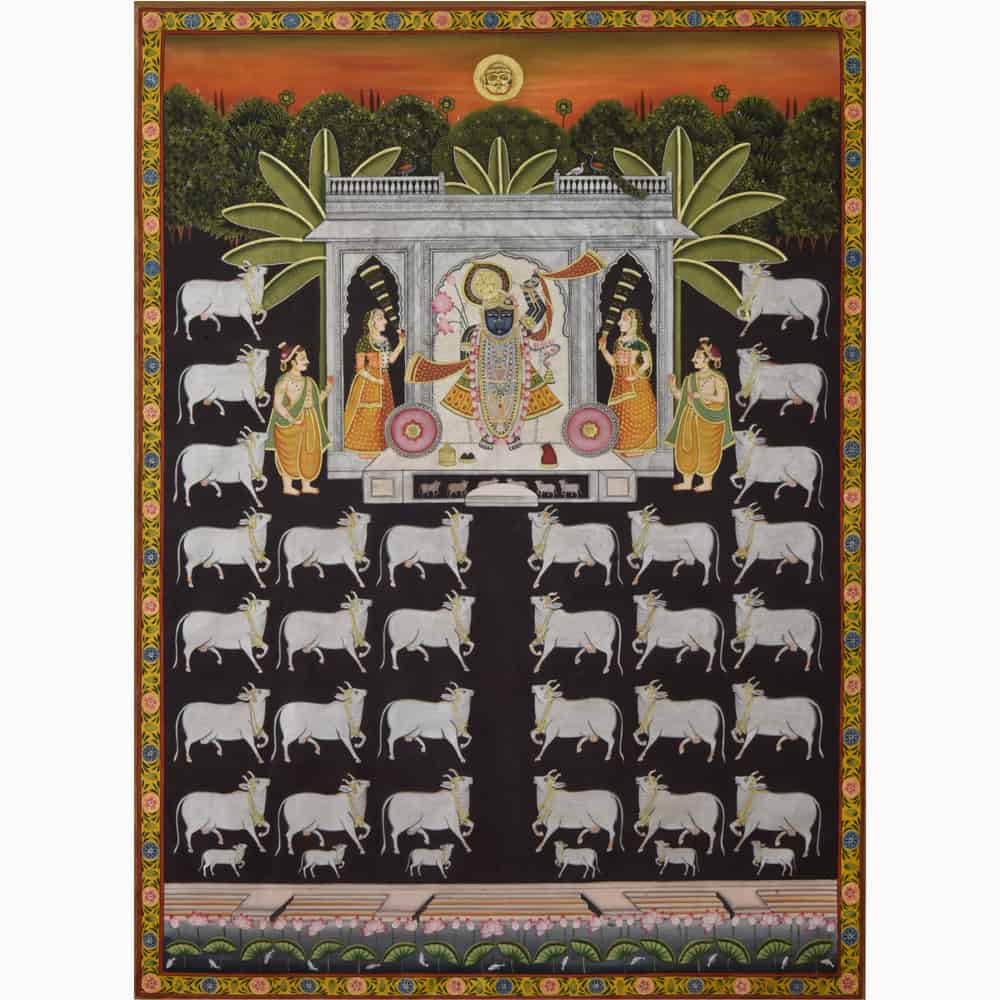 Awaken to Grace: Sunrise in Nathdawara Art Featuring Lord Shrinathji, Gopis, and Idyllic Cows