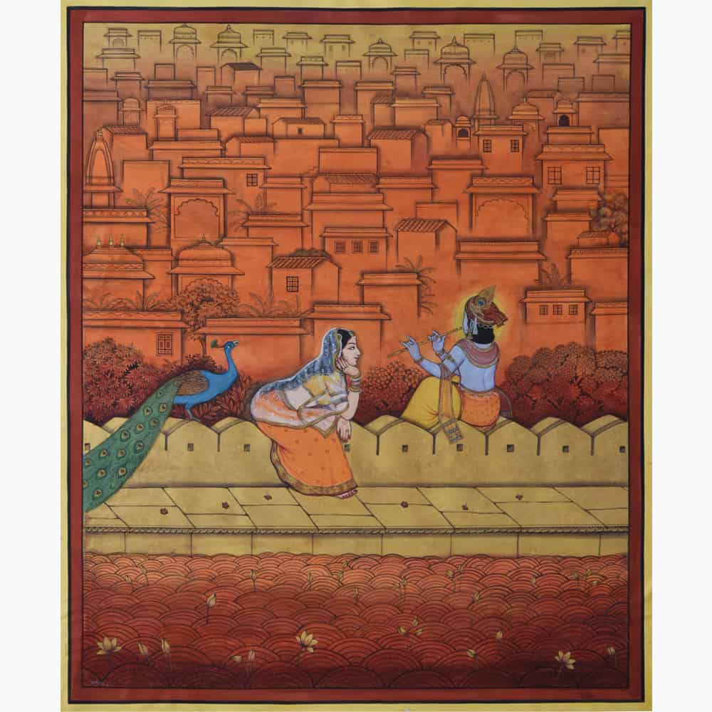 Captivating Divine Music Painting: Krishna's Enchanting Flute & Radha's Joyful Peacock Serenade