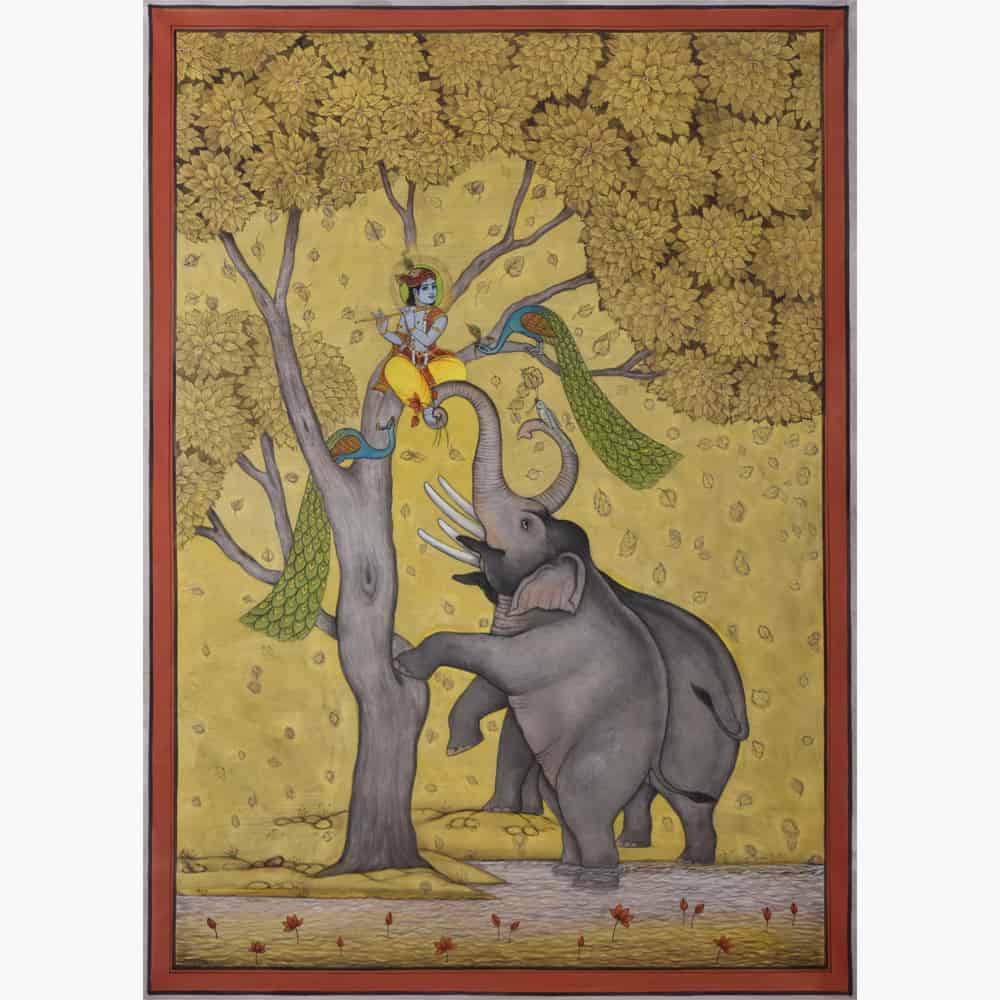 Pichwai Art, Krishna Playing with Elephants