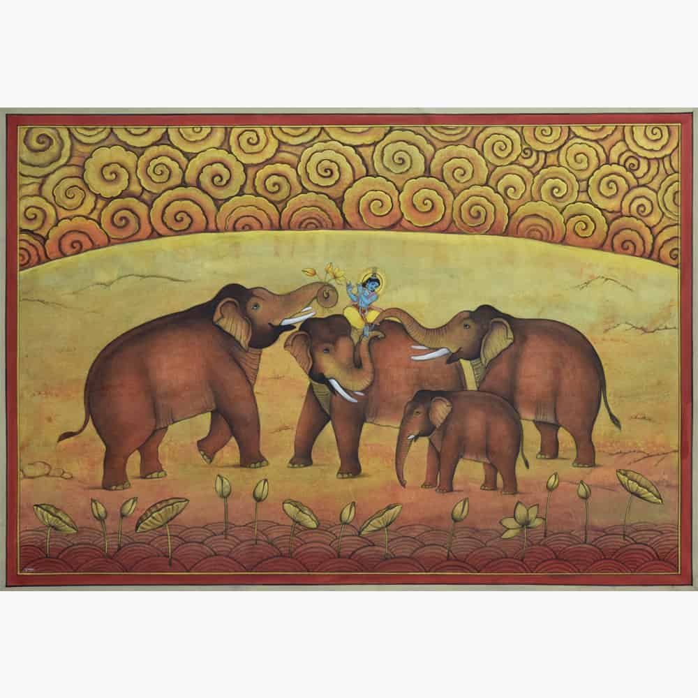 Ethereal Harmony: Elephant Family and Krishna Painting