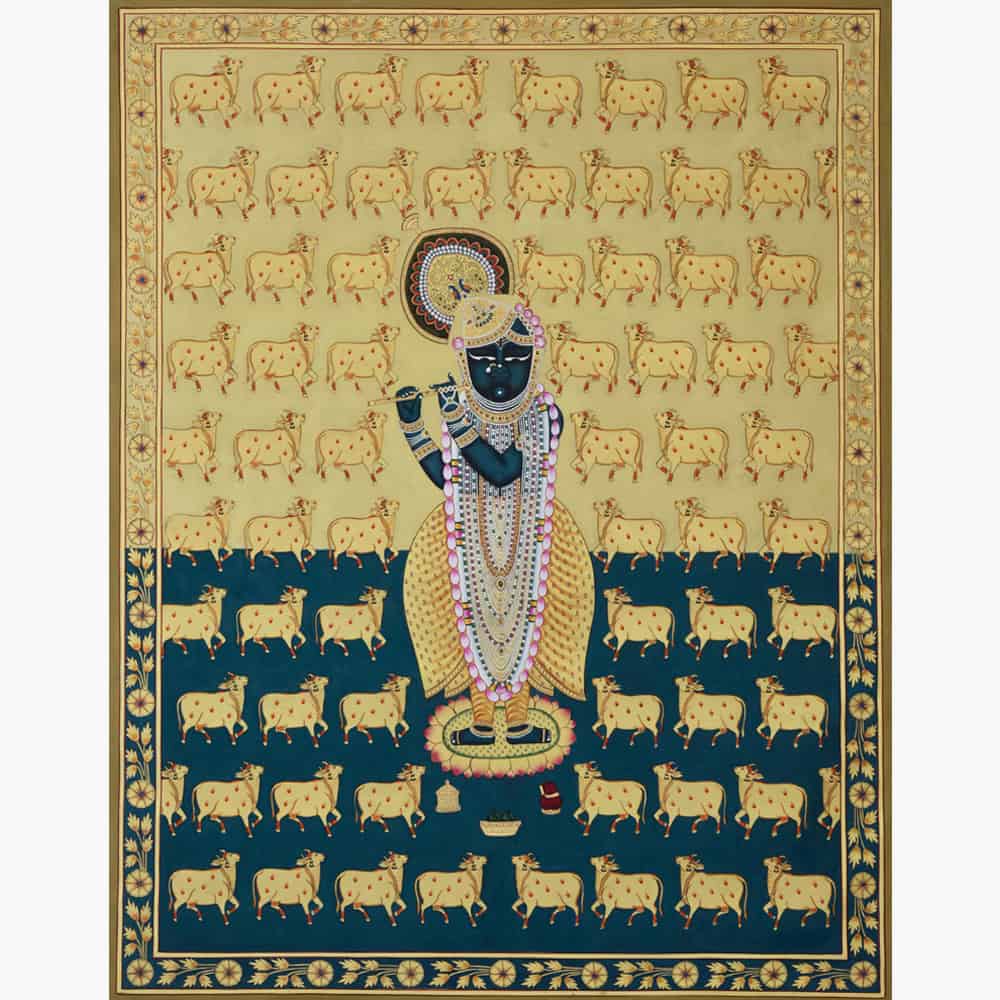 Divine Harmony: Shrinathji with Golden Cows Painting