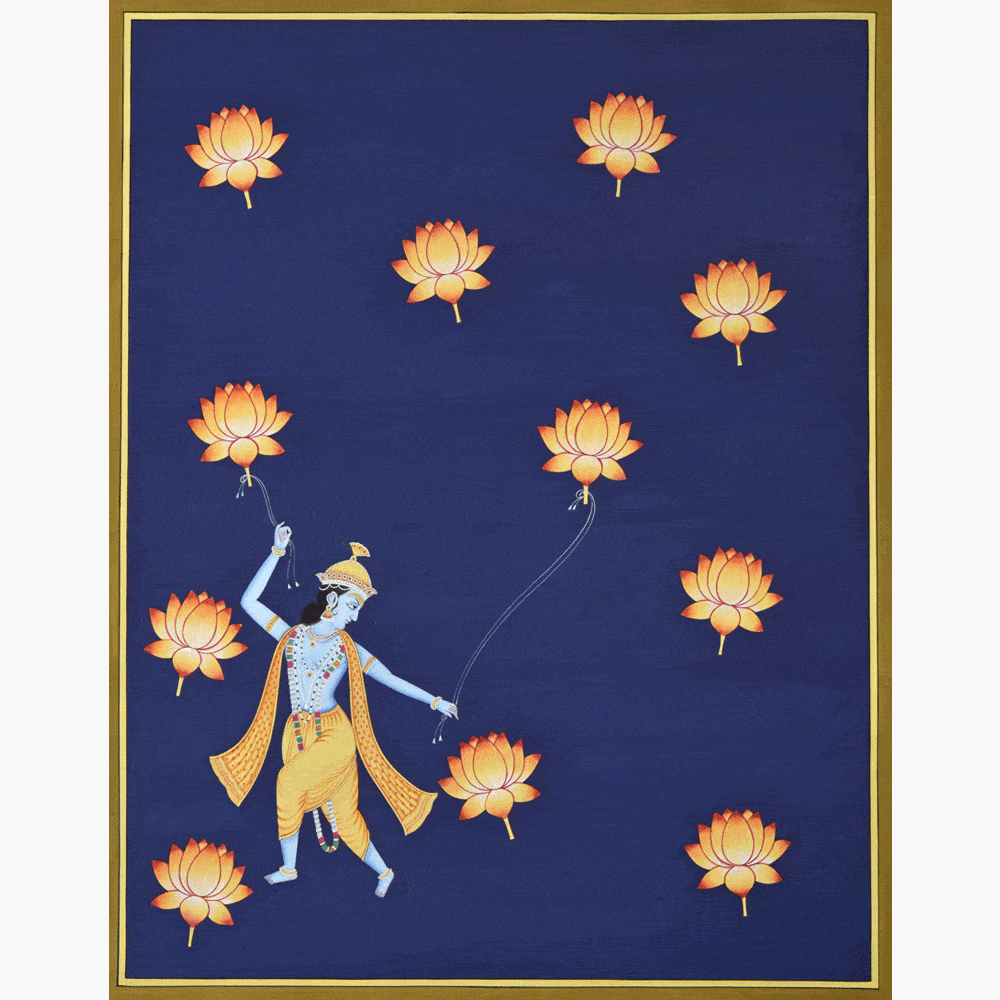 Explore Blue Dancing Krishna Art in Golden Bloom