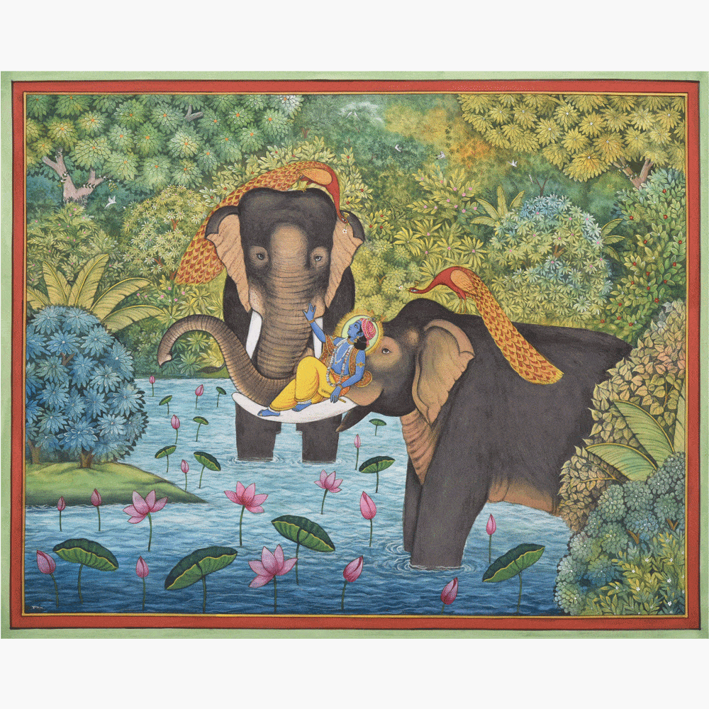 Krishna and the Elephants: A Spiritual Artistic Masterpiece