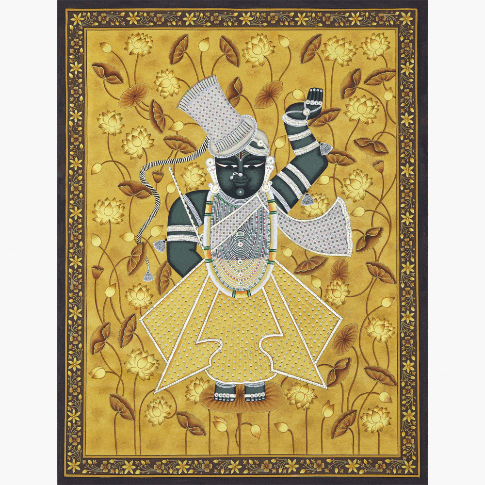 Divine Harmony: Shrinathji Yellow Kamaltalai Painting Unveiled
